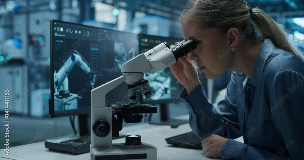 Poster Female Engineer Sitting Behind a Desk in an Electronics Manufacturing Facility, Inspecting High Tech Equipment Under a Microscope and Using Desktop Computer with Dual Screens to Optimize Production