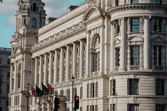 Raffles Luxury Hotel At The OWO (Old War Office) Signage, Brand Name Sign, Logo, Edwardian Baroque Facade, Whitehall, Westminster, Central London, England, United Kingdom- April 2025