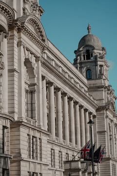 Raffles Luxury Hotel At The OWO (Old War Office) Signage, Brand Name Sign, Logo, Edwardian Baroque Facade, Whitehall, Westminster, Central London, England, United Kingdom- April 2025