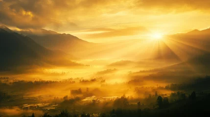 Fototapete Golden Sunrise Over Misty Mountain Valley © Daok