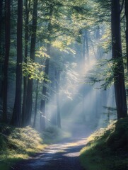 Obraz premium Sunshine Forest in the Morning Mist