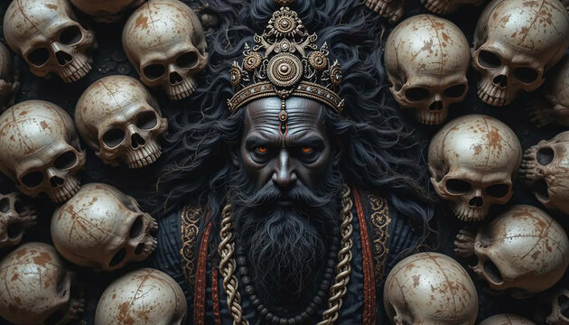 Asura/Demon king with skulls beside him