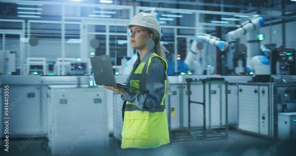 Aufkleber Female Engineer in High Visibility Vest Using Laptop Computer to Monitor Robotic Arms in an Advanced Industrial Factory. Specialist Walking Next to Modern Automated Electronics Manufacturing Machines