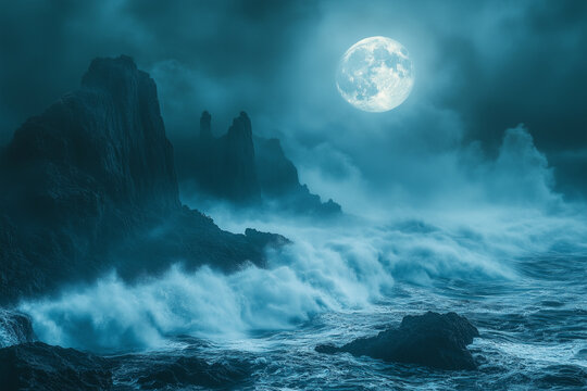 A powerful moonlit seascape, with waves crashing against rugged cliffs, evokes mystery and tranquility.  The vastness of the sea, illuminated by the full moon.