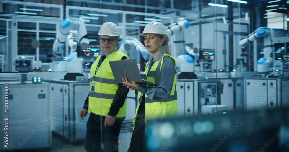 Poster Electronics Factory: Female Project Manager and Engineer in Hard Hats, Walking while having a Conversation, Monitoring Advanced Circuit Board Equipment Production with Robotic Arms