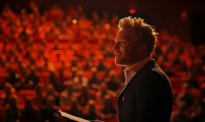 a man speaker in front of conference background