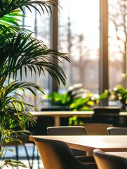 Fototapeta premium Serene workspace featuring lush green plant against a blurred window background creating a calming atmosphere for productivity and focus