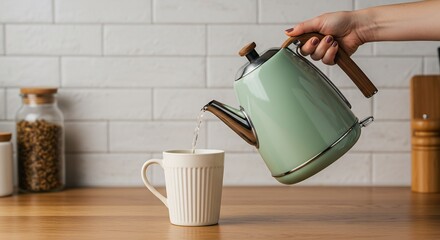 Woman pouring hot water from a pastel green kettle into a white mug in a modern kitchen
