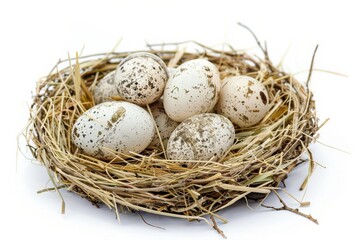 Obraz premium A cozy nest of speckled eggs resting gently on a bed of straw in serene isolation