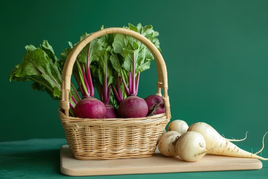 Fresh beets and turnips in a woven basket.