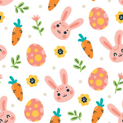 This delightful image presents a cheerful easter pattern, adorned with cute bunnies, bright carrots, and dotted eggs. The seamless design conveys a playful spring holiday ambiance perfect for wrapping