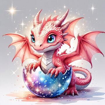 Adorable peachy pink baby dragon hatching from a glittering egg, dreamy pastel colors and sparkles, in a magical fairytale watercolor illustration style