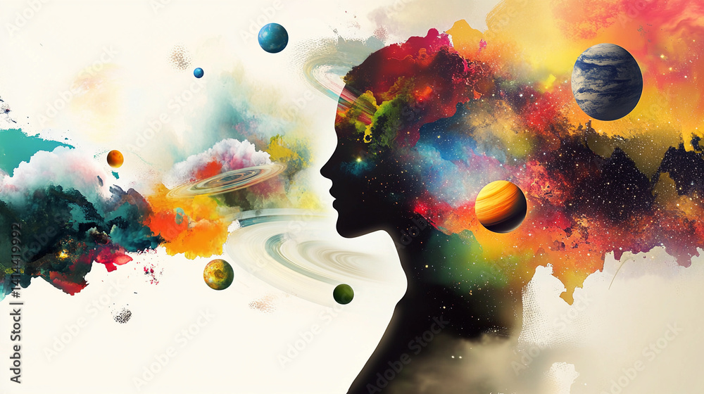Poster abstract profile of a woman with colorful cosmic elements generative ai