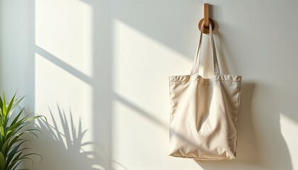 Beige tote bag minimalist hanging in neutral colors representing sustainable lifestyle