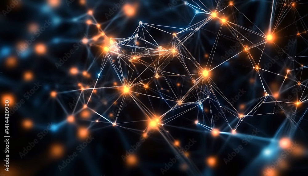 Poster digital network visualization: a complex network of interconnected nodes and lines, illuminated with