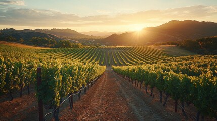Fototapeta premium Rows of grapevines heavy with ripe grapes stretch across the landscape under the warm golden light of sunset. The vineyards create a picturesque view against the rolling hills
