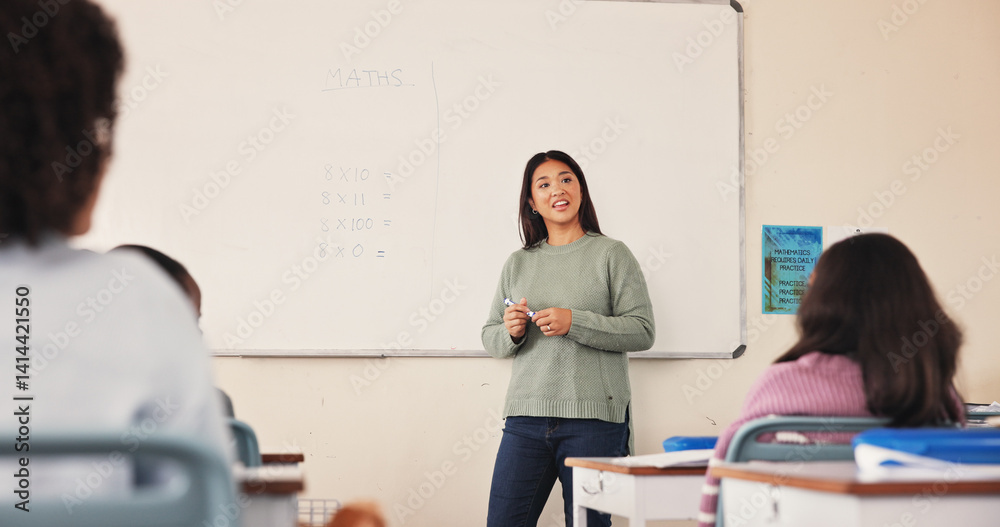 Poster education, teacher and math lesson in classroom for multiplication, sum calculation or learning supp