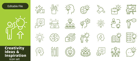Creativity thin line icons set. Idea, creative solution and thinking, innovation icon. Editable stroke. Vector illustration