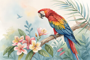 Obraz premium Colorful Parrot on a Flower Branch