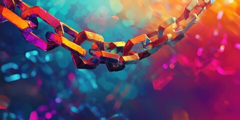Colorful metallic chain links against vibrant abstract background with bokeh effects