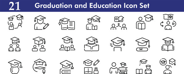 Graduation and Education Icon Set. Education, Learning editable stroke icons. Line Style Academic Symbols. Vector illustration