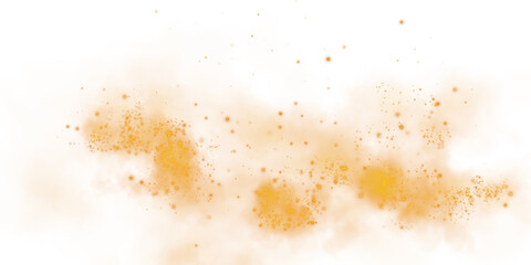 Magic orange smoke with glitter and small particles of twinkling stars. Fog with luminous particles. Orange vapor with stardust. PNG.