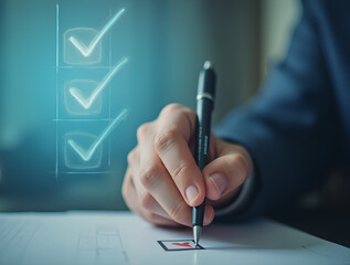 Businessman use pen to tick correct sign mark in checkbox for quality document control checklist approuver, acceptation, assurance.