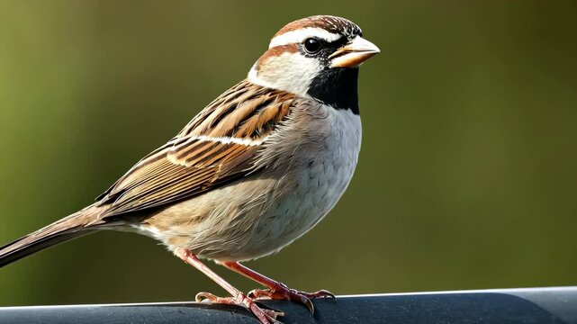 Detailed closeup of a wild sparrow bird. Brown and white feathered bird sitting on a perch video footage. Ornithology clip for nature documentary and wildlife film.
