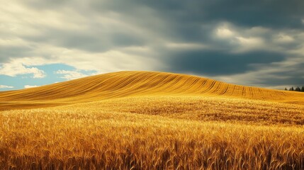 Obraz premium Golden wheat field under dramatic cloudy sky with a rolling hill landscape.