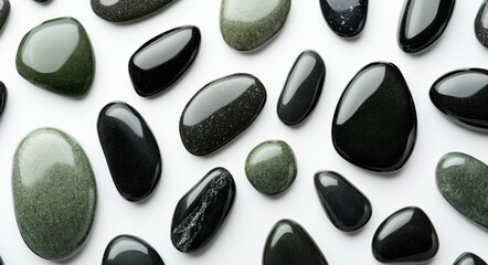 Smooth Black and Green Stones on White Background for Textures