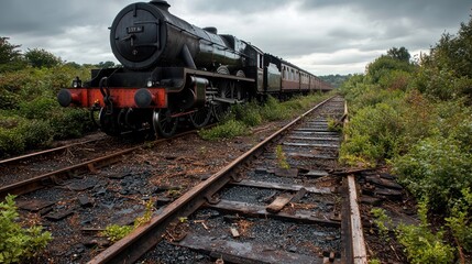 Naklejka premium Vintage steam train on overgrown railway tracks