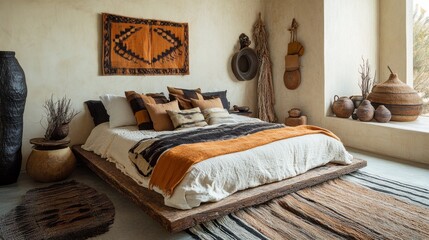 The stylish bedroom showcases a low wooden bed adorned with layered textiles in warm tones. Rustic decor items and natural elements enhance the cozy, inviting atmosphere