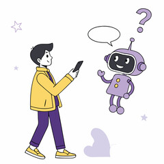 Young Man Interacting With Ai Robot Using Smartphone Exploring Future Technology Concepts And Digital Communication