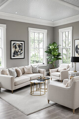 Fototapeta premium elegant contemporary living room with cream sofas gold coffee tables and natural light