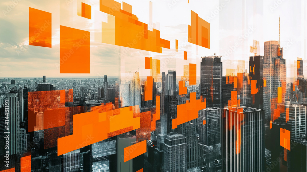 Poster Modern cityscape with abstract floating blocks enhancing skyline Generative AI