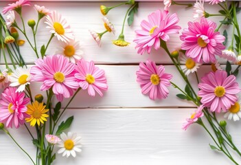 Delicate pink gypsophila and daisy blooms arranged in a frame on white wood , frame, summer
