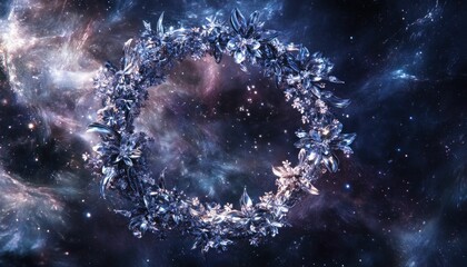 Fototapeta premium Floral wreath floating in a majestic cosmic panorama, ethereal and dreamlike