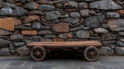 Obraz premium Aged wooden cart against stone wall