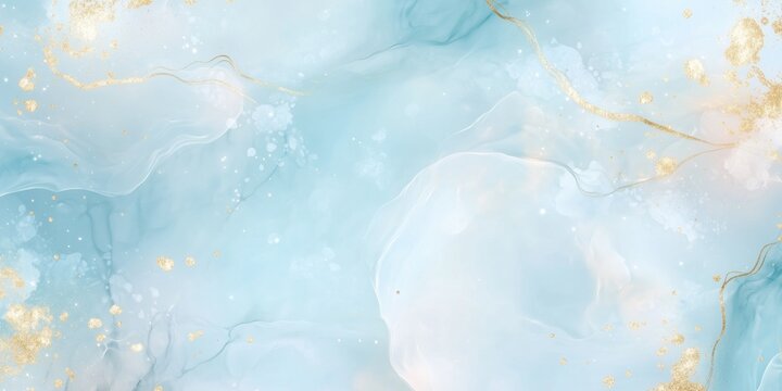 Luxurious pastel blue background with soft pink floral illustration and golden glitter accents. Elegant template ideal for wedding invitation, branding, or premium packaging design.