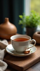 Hand holding teacup, essential oil diffuser nearby , meditation, self-care