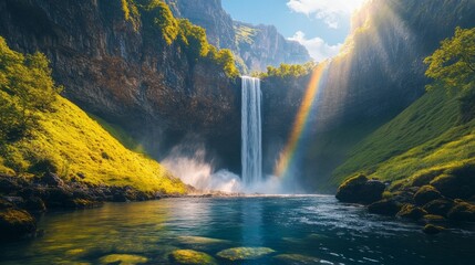 Fototapeta premium Water cascades magnificently down steep rock faces, surrounded by lush greenery. Sunlight pierces the mist, forming vibrant rainbows. Nature's beauty is truly captivating here