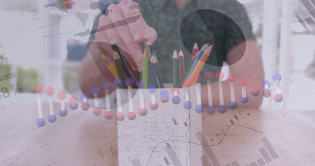 Image of dna strand, statistics and data processing over people taking colour pencils in office