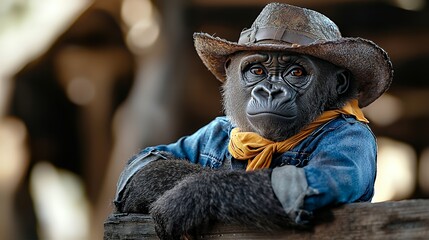 Anthropomorphic gorilla in cowboy outfit wildlife portrait