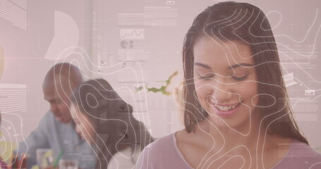 Image of white lines and financial data processing over businesswoman using tablet