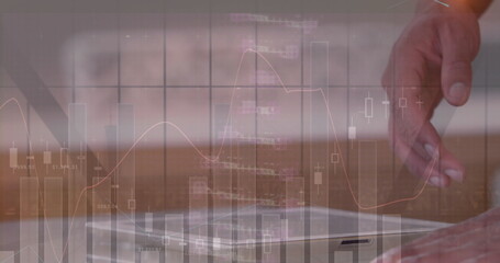 Image of dna strand, statistics and data processing over businessman using tablet