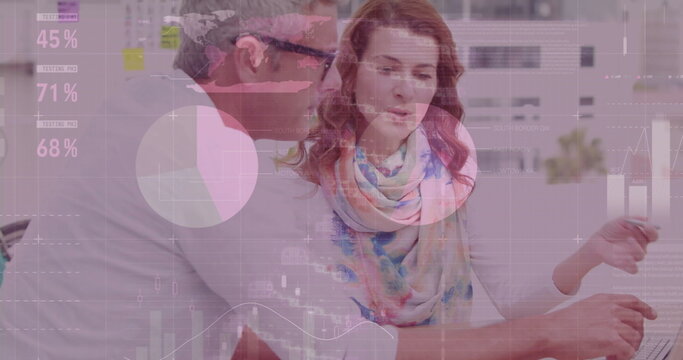 Image of dna strand and statistics, data processing over business people in meeting