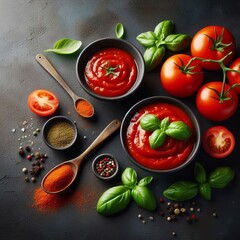 Homemade tomato sauce passata served in black bowls. Fresh ripe tomatoes, basil leaves, and spices arranged on dark background.
