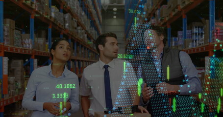 Image of financial data processing over diverse business people in warehouse