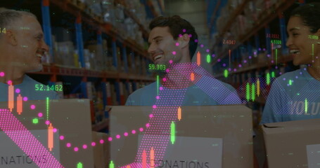 Image of financial data processing over diverse volunteers in warehouse