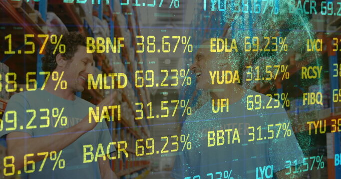 Image of financial data processing over people working in warehouse